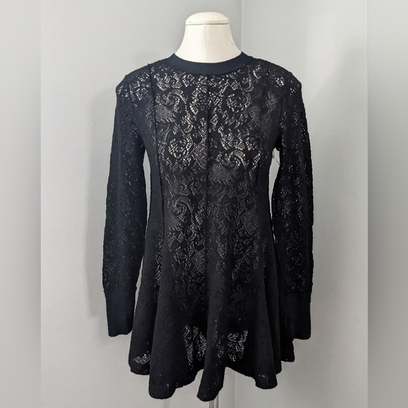 Free People Coffee In The Morning Lace Tunic Top Mini Dress Black Fit-n-Flare XS - Picture 9 of 9